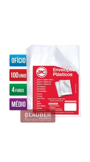 ENVELOPE PLÁSTICO OFÍCIO 4 FUROS EXTRA MÉDIO PT/100